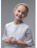 Beaded Elbow Sleeves White Lace Tulle Flower Girl Dress